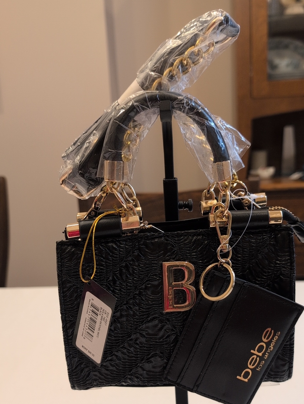 bebe Black Textured Satchel with Gold Hardware and Charm